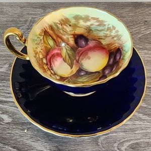 Vintage Aynsley Orchard Fruit Cobalt Blue Tea Cup Saucer Signed  D Jones England